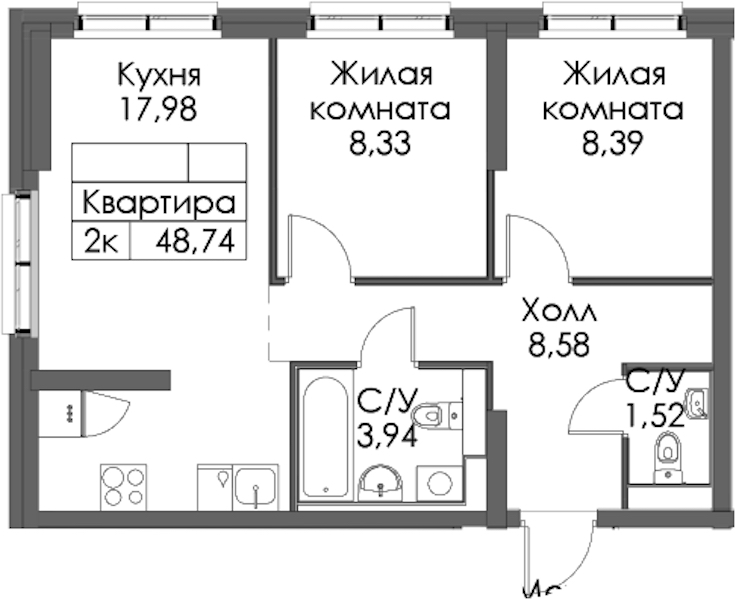 2-комнатная квартира 48.74 м², 1/12 эт., ЖК «Таллинский парк»